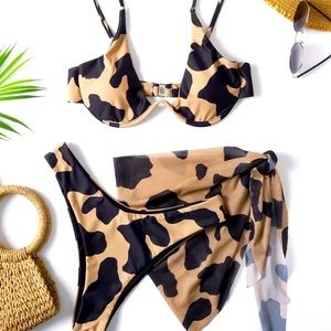 3 Piece Cow Print underwire bikini swimsuit & skirt